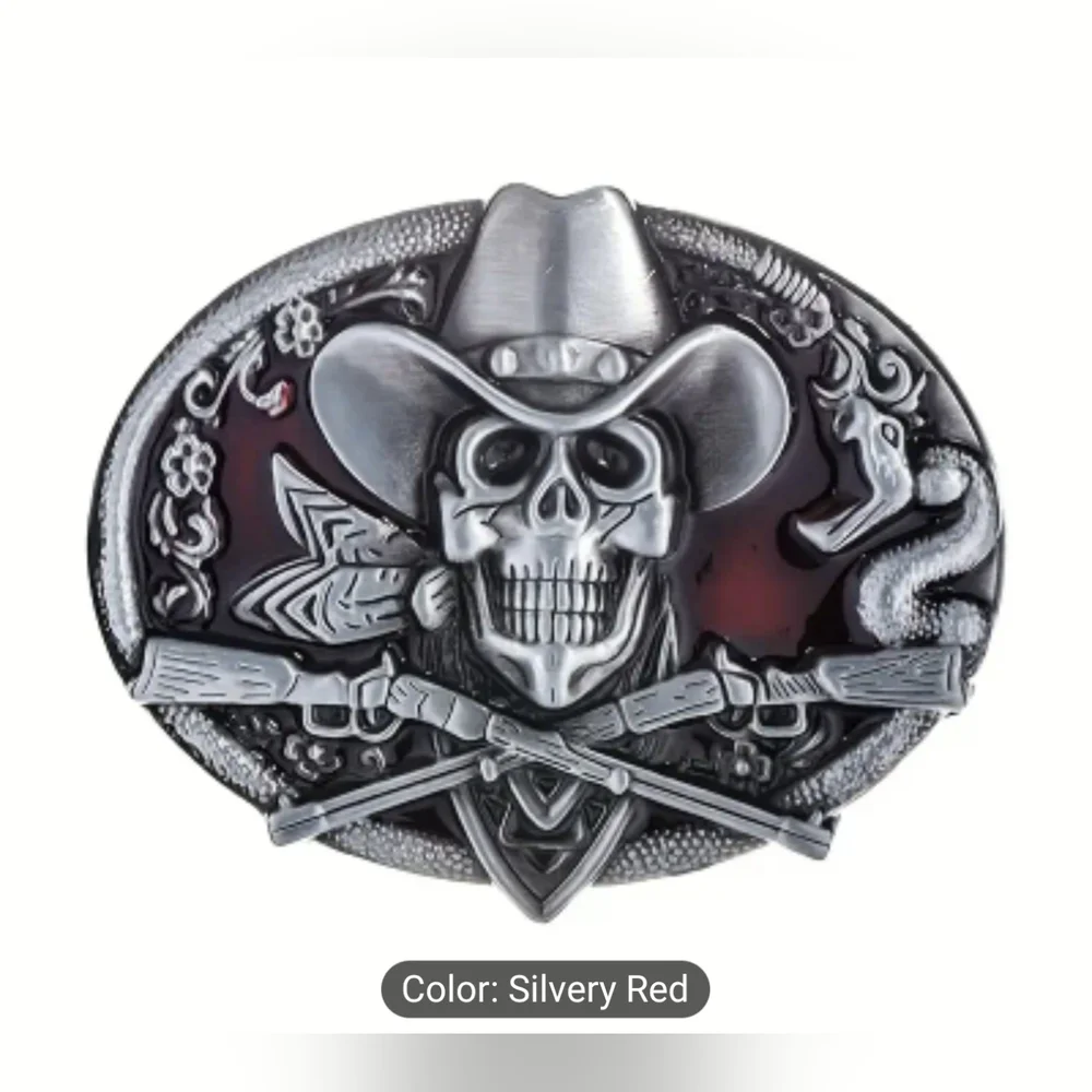 New Silver & Red Colored Cowboy Skull Belt Buckle Snake Western Outlaw T3MISB5B